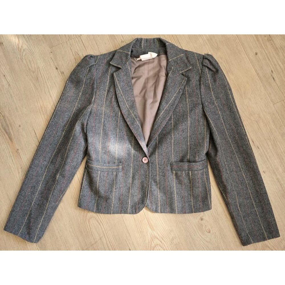 VTG 80's Junior Bazaar Girls‎ Size 7 Grey w Red/Yellow Pinstripe Wool Blazer